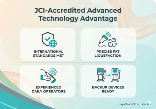 Advanced liposuction technology and JCI accreditation infographic for HayatMed Clinic Istanbul, highlighting modern ultrasound platforms and international safety standards.