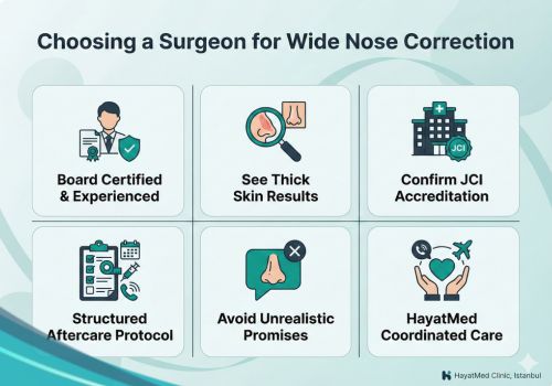 Guide to choosing a wide nose correction surgeon featuring HayatMed Clinic’s JCI accreditation, structural rhinoplasty expertise, and coordinated aftercare protocols.