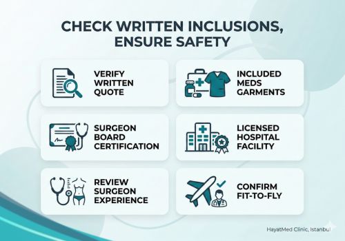 Medical travel planning infographic for liposuction at HayatMed Clinic Istanbul, verifying written quotes, board-certified surgeons, and hospital safety